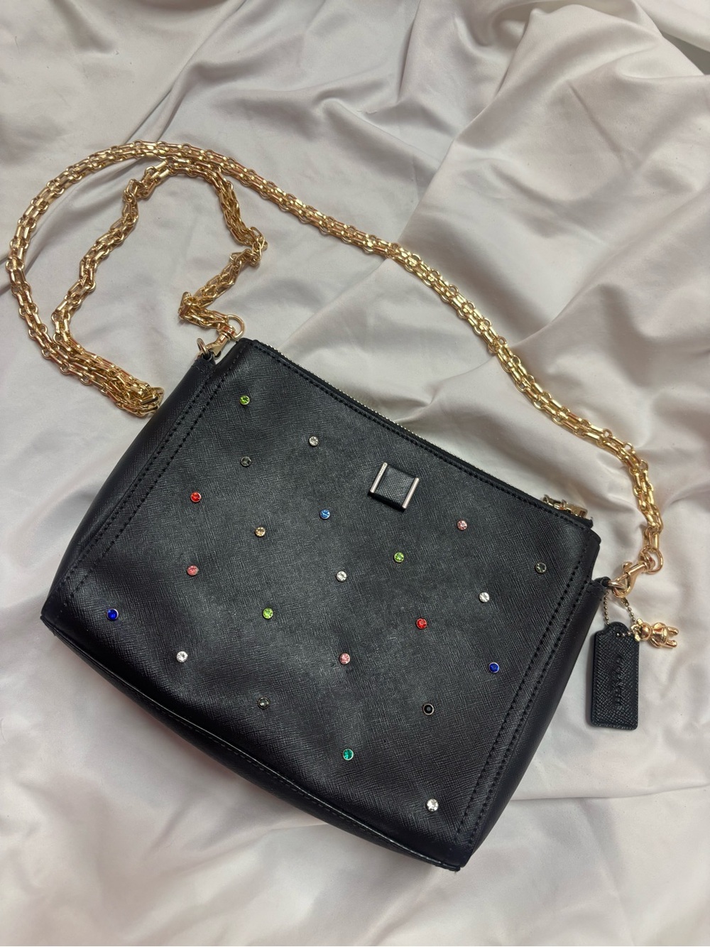 Coach Black Crossbody with Multicolor Stud Accents and Gold Chain
